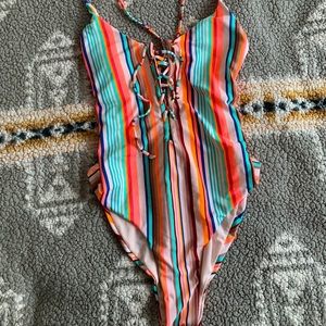 Rainbow lollipop lace up swimsuit! Size 12